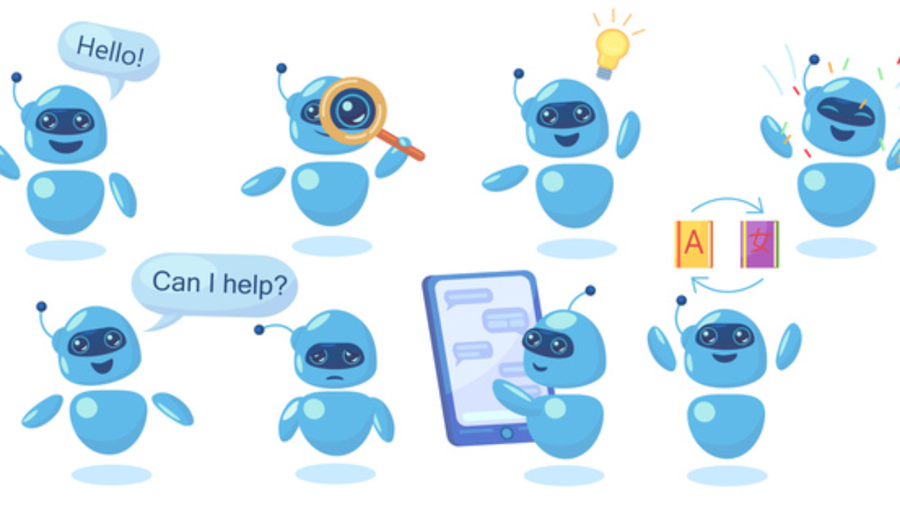 Modern cute chatbot in different poses flat illustration set. Cartoon friendly robot for mobile app isolated vector illustration collection. Conversation and AI intelligence concept